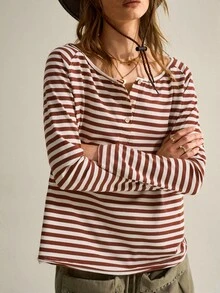 SHEIN Women's Vintage Striped Large Scoop Neck Long Sleeve T-Shirt - Brown - View 7