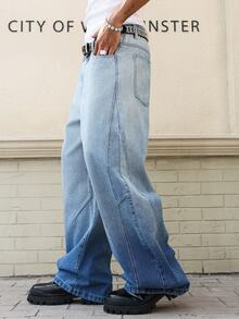 Manfinity EMRG Men's Casual Loose Fit Distressed Flared Leg Blue Jeans - Medium Wash - View 8