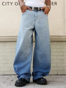 Manfinity EMRG Men's Casual Loose Fit Distressed Flared Leg Blue Jeans - Medium Wash - View 6