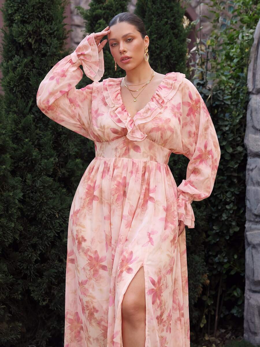 VOLUPTÉ CURVE Plus Size Women's Spring/Summer Pink Floral Chiffon Maxi Dress, Vacation V-Neck Ruffle Collar Puff Sleeve Dress Fall