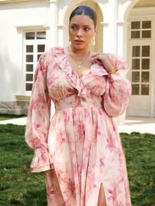 VOLUPTÉ CURVE Plus Size Women's Spring/Summer Pink Floral Chiffon Maxi Dress, Vacation V-Neck Ruffle Collar Puff Sleeve Dress Fall - Pink - View 4