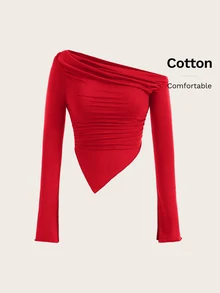 SHEIN ICON Y2K Grunge 不对称领口褶皱 T 恤 - 紅色 - 查看 8