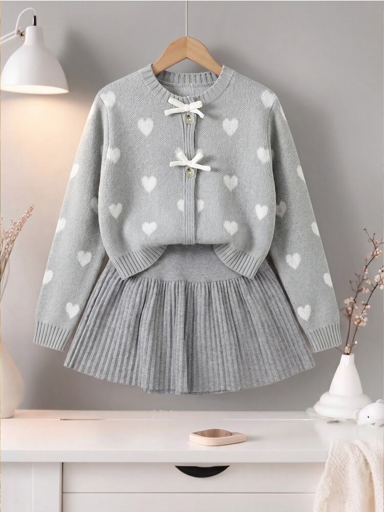 SHEIN Girls' Autumn/Winter Fashion Heart Bow Knitted Sweater Long Sleeve Cardigan And Black Skirt Set - Light Grey - View 6