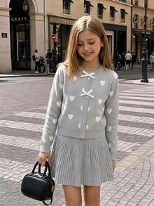SHEIN 女童秋冬時尚愛心蝴蝶結針織長袖開襟毛衣與黑色裙子套裝 - 淺灰色 - 查看 3