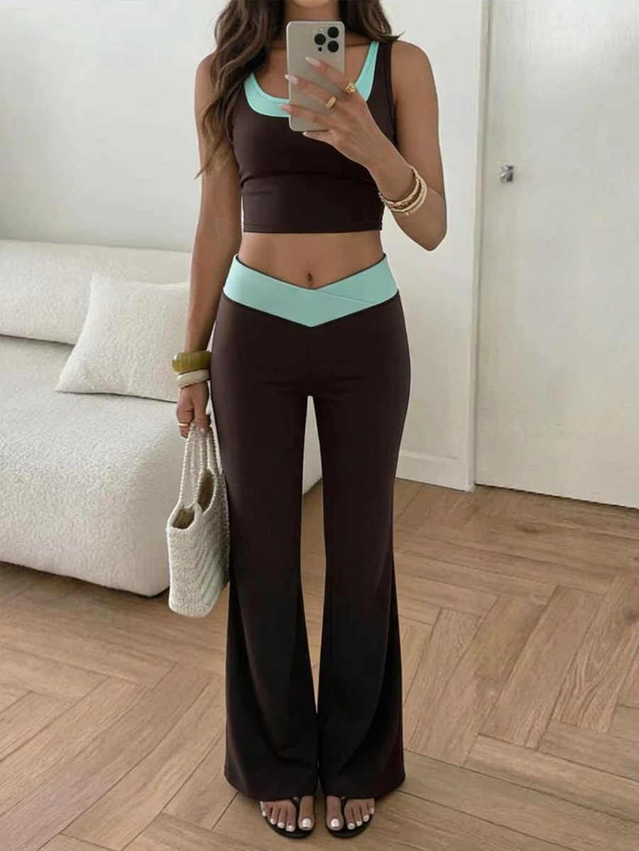 Pariaura Women's 2 Pieces Faux Tank Top And Flare Pants Sports Sporty Modest Set Workout Gym Brown And Blue Autumn - Brown - View 1