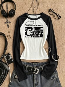 Teen Girl Letter Pattern Patchwork Casual Daily Long Sleeve T-Shirt - Multicolor - View 3