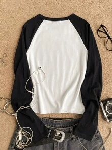 Teen Girl Letter Pattern Patchwork Casual Daily Long Sleeve T-Shirt - Multicolor - View 2