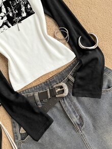 Teen Girl Letter Pattern Patchwork Casual Daily Long Sleeve T-Shirt - Multicolor - View 5