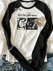 Teen Girl Letter Pattern Patchwork Casual Daily Long Sleeve T-Shirt - Multicolor - View 4