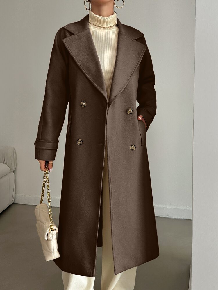Aveloria Modichic Tall Size Women Casual Minimalist Elegant Shades Of Brown Solid Color Long Sleeve Midi Length Double-Breasted Overcoat Office Autumn Winter - Chocolate Brown - View 5