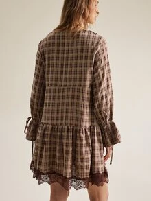 SHEIN Women's V-Neck Plaid Lace Patchwork Bell Sleeve Tie Bow A-Line Vintage Dress - Brown - View 3