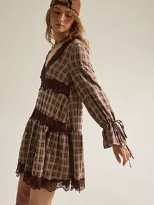 SHEIN Women's V-Neck Plaid Lace Patchwork Bell Sleeve Tie Bow A-Line Vintage Dress - Brown - View 5