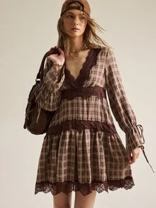 SHEIN Women's V-Neck Plaid Lace Patchwork Bell Sleeve Tie Bow A-Line Vintage Dress - Brown - View 1