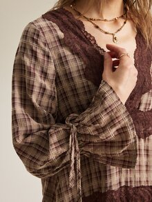 SHEIN Women's V-Neck Plaid Lace Patchwork Bell Sleeve Tie Bow A-Line Vintage Dress - Brown - View 6