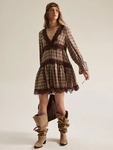 SHEIN Women's V-Neck Plaid Lace Patchwork Bell Sleeve Tie Bow A-Line Vintage Dress - Brown - View 4