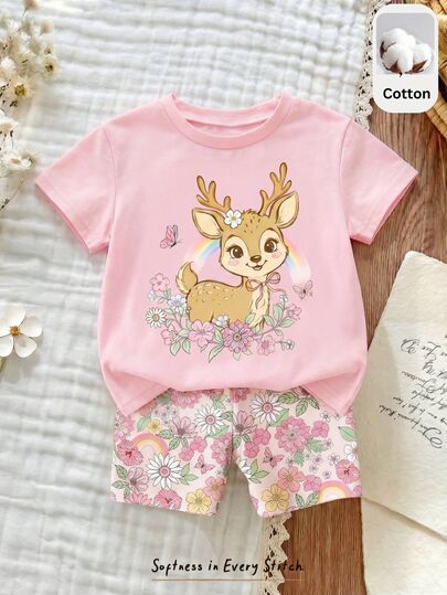 SHEIN LMoss Kids Baby Girl Two-Piece Set Pink Deer Top And Leggings, Casual Cute Round Neck Short-Sleeved T-Shirt Set, Summer Travel Vacation Work Light Pink