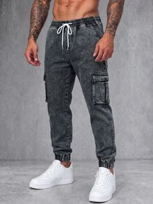 Manfinity Homme Men Gray Cotton Flap Pocket Drawstring Waist Cargo Jeans Baggy Washed Denim Joggers,Autumn Streetwear City Break Denim Cargo Pants,Work Workout Jean - Dark Grey - View 4