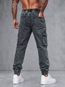 Manfinity Homme Men Gray Cotton Flap Pocket Drawstring Waist Cargo Jeans Baggy Washed Denim Joggers,Autumn Streetwear City Break Denim Cargo Pants,Work Workout Jean - Dark Grey - View 3