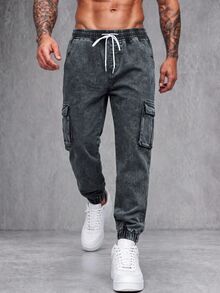 Manfinity Homme Men Gray Cotton Flap Pocket Drawstring Waist Cargo Jeans Baggy Washed Denim Joggers,Autumn Streetwear City Break Denim Cargo Pants,Work Workout Jean - Dark Grey - View 5