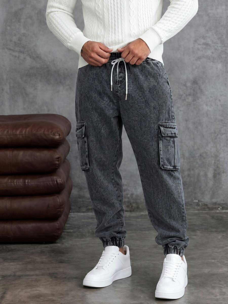 Manfinity Homme Men Gray Cotton Flap Pocket Drawstring Waist Cargo Jeans Baggy Washed Denim Joggers,Autumn Streetwear City Break Denim Cargo Pants,Work Workout Jean - Dark Grey - View 1