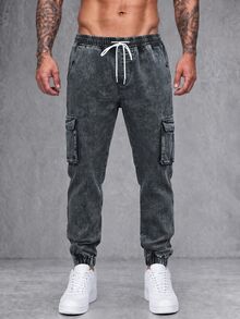 Manfinity Homme Men Gray Cotton Flap Pocket Drawstring Waist Cargo Jeans Baggy Washed Denim Joggers,Autumn Streetwear City Break Denim Cargo Pants,Work Workout Jean - Dark Grey - View 2