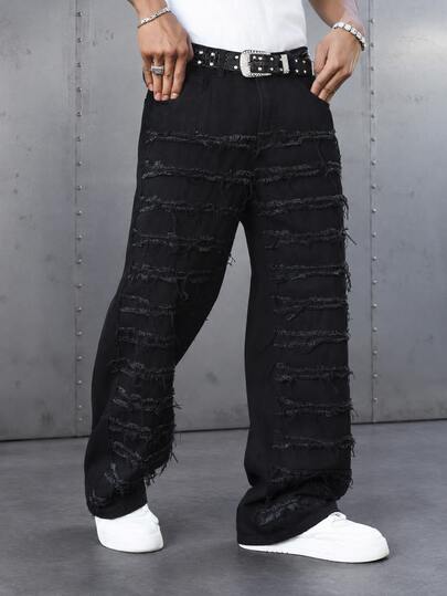 Manfinity EMRG Spring & Summer Vintage Washed Black Straight Loose Baggy Distressed Flared Wide Leg Jeans