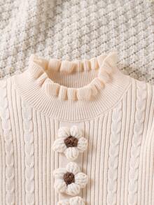 Souflis Young Girls Pink Bow Sweater Dress, Cute Ruffle Round Neck Long Sleeve Knit Dress - Beige - View 4