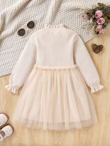 Souflis Young Girls Pink Bow Sweater Dress, Cute Ruffle Round Neck Long Sleeve Knit Dress - Beige - View 2