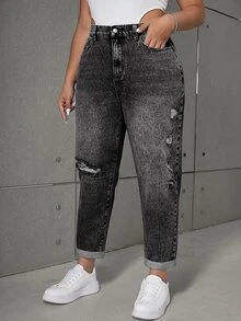 SHEIN ICON Plus Size Women Pockets Distressed Tapered Loose Fit Casual Jeans - Black - View 3