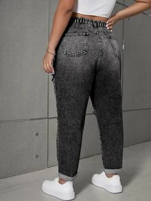 SHEIN ICON Plus Size Women Pockets Distressed Tapered Loose Fit Casual Jeans - Black - View 2