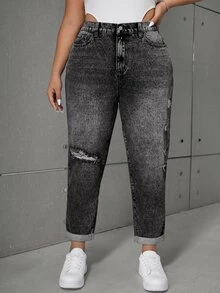 SHEIN ICON Plus Size Women Pockets Distressed Tapered Loose Fit Casual Jeans - Black - View 4