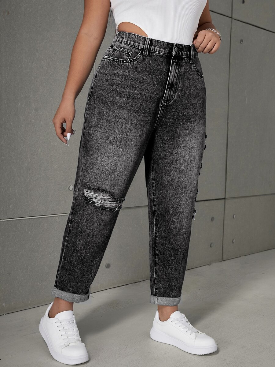 SHEIN ICON Plus Size Women Pockets Distressed Tapered Loose Fit Casual Jeans - Black - View 1