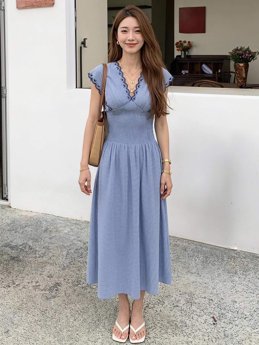 Serisse Women's Shirred Waist Gathered Plaid Long Dress - Navy Blue - View 1