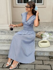 Serisse Women's Shirred Waist Gathered Plaid Long Dress - Navy Blue - View 11