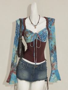 SHEIN ICON Women's Vintage Print Long Sleeve Ruched Patchwork Loose Top - Multicolor - View 1