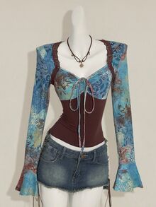 SHEIN ICON Women's Vintage Print Long Sleeve Ruched Patchwork Loose Top - Multicolor - View 8