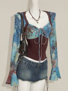 SHEIN ICON Women's Vintage Print Long Sleeve Ruched Patchwork Loose Top - Multicolor - View 4