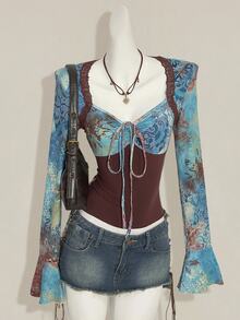 SHEIN ICON Women's Vintage Print Long Sleeve Ruched Patchwork Loose Top - Multicolor - View 3