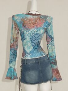 SHEIN ICON Women's Vintage Print Long Sleeve Ruched Patchwork Loose Top - Multicolor - View 2