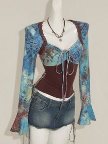 SHEIN ICON Women's Vintage Print Long Sleeve Ruched Patchwork Loose Top - Multicolor - View 5