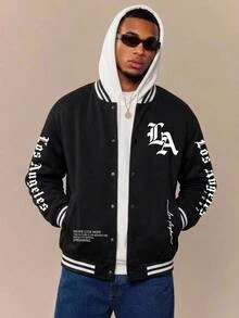 Aesthetic Post Jaket Pria Lengan Panjang Kasual Kancing Depan dengan Cetakan Huruf, Lapisan Termal, Gaya Grunge, Musim Gugur/Dingin - Hitam - View 7