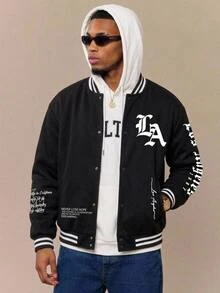 Aesthetic Post Jaket Pria Lengan Panjang Kasual Kancing Depan dengan Cetakan Huruf, Lapisan Termal, Gaya Grunge, Musim Gugur/Dingin - Hitam - View 1