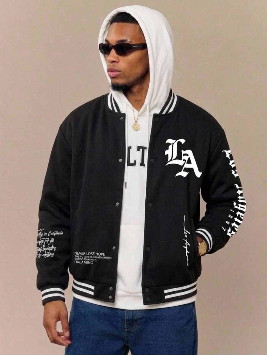 Aesthetic Post Jaket Pria Lengan Panjang Kasual Kancing Depan dengan Cetakan Huruf, Lapisan Termal, Gaya Grunge, Musim Gugur/Dingin - Hitam - View 1