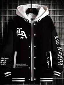 Aesthetic Post Jaket Pria Lengan Panjang Kasual Kancing Depan dengan Cetakan Huruf, Lapisan Termal, Gaya Grunge, Musim Gugur/Dingin - Hitam - View 6