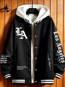Aesthetic Post Jaket Pria Lengan Panjang Kasual Kancing Depan dengan Cetakan Huruf, Lapisan Termal, Gaya Grunge, Musim Gugur/Dingin - Hitam - View 8
