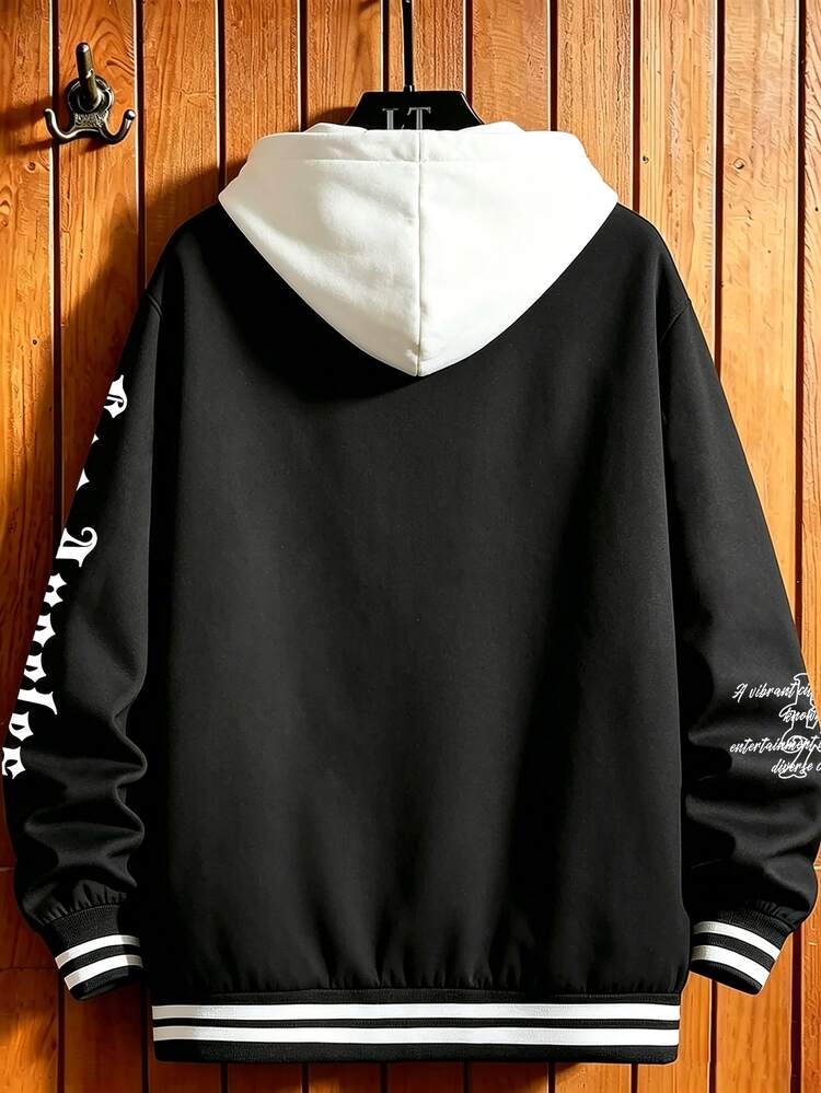 Aesthetic Post 男士字母印花前開鈕扣休閒長袖保暖內裡夾克，Grunge風格，秋冬款 - 黑色 - 查看 2