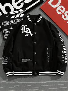 Aesthetic Post Jaket Pria Lengan Panjang Kasual Kancing Depan dengan Cetakan Huruf, Lapisan Termal, Gaya Grunge, Musim Gugur/Dingin - Hitam - View 4