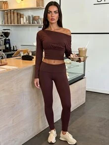 Fluxe Women Dark Brown One Shoulder Crop Top High Waist Leggings Set Slim Fit Gym Workout Training Running Yoga Athletic Athleisure Modest Sportswear Co-Ord - Maroon - View 11