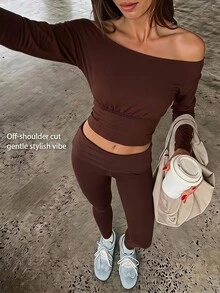Fluxe Women Dark Brown One Shoulder Crop Top High Waist Leggings Set Slim Fit Gym Workout Training Running Yoga Athletic Athleisure Modest Sportswear Co-Ord - Maroon - View 2