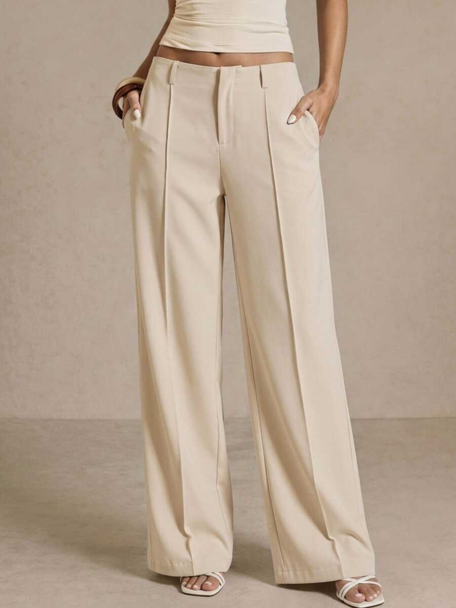 Poéselle Women's Solid Color Toothpick Stripe Design Wide Leg Loose Long Pants - Apricot - View 1